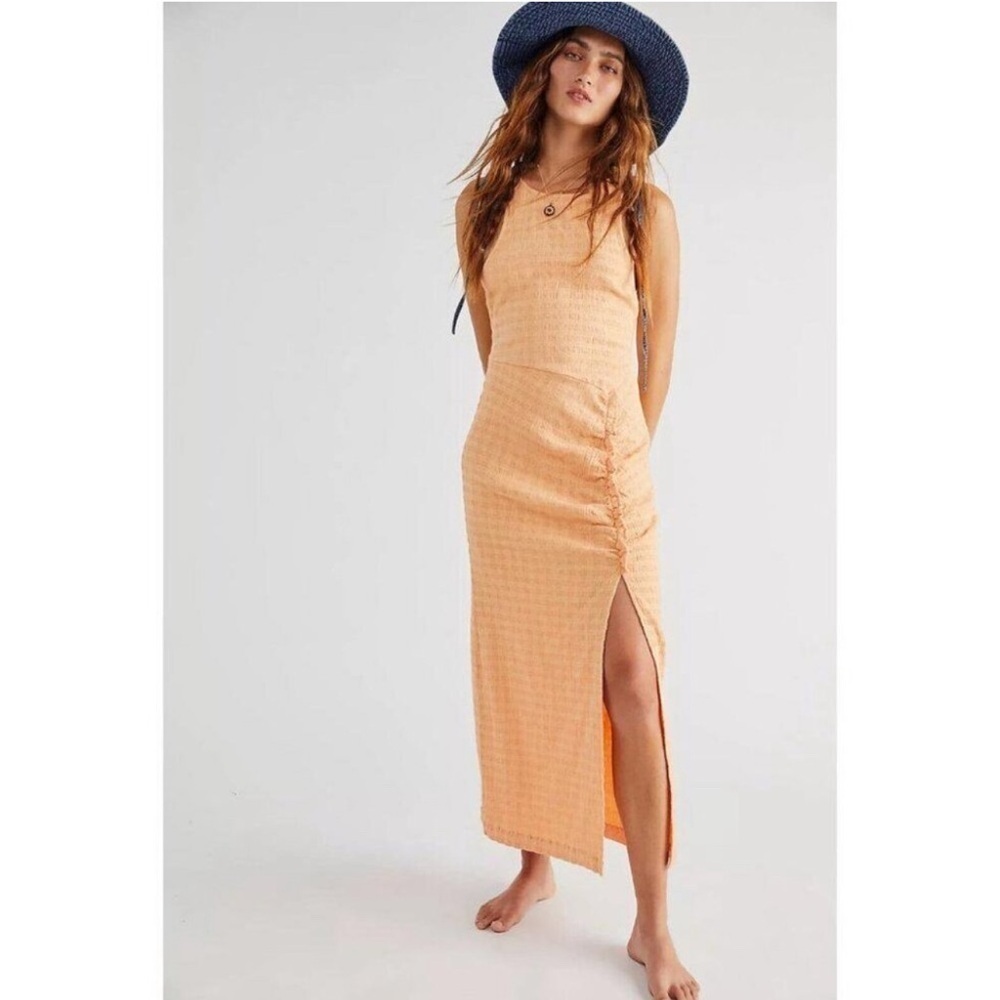 Free People Kokomo Sleeveless Dress Orange Linen Cotton Size Small Ruched Midi